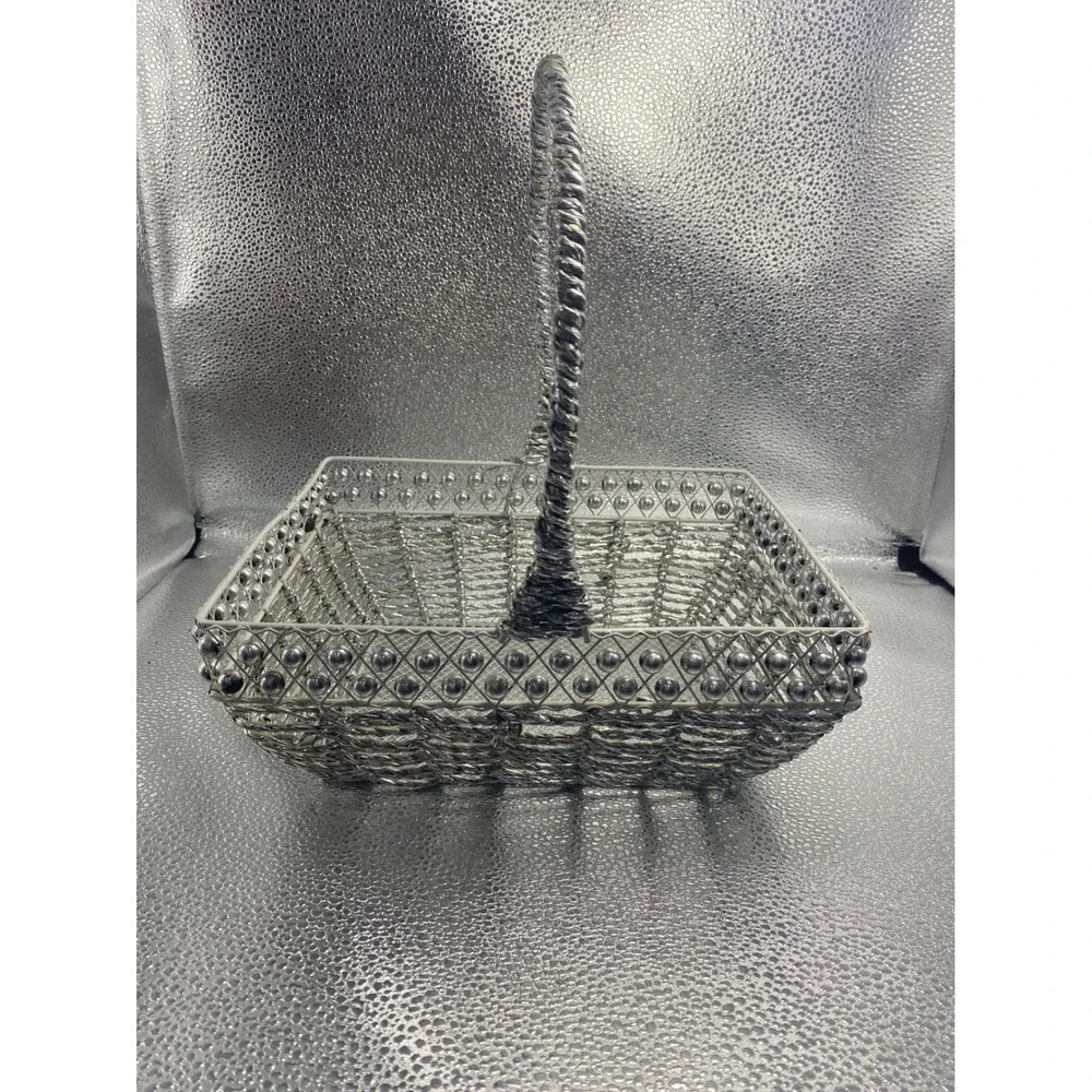 Silver Wire Decorative Basket Twisted Handle Beaded Trim Rectangular Metal Decor